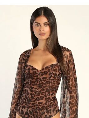Lulus Daringly Wild Tan Cheetah Print Ruched Long Sleeve Bodysuit - Medium